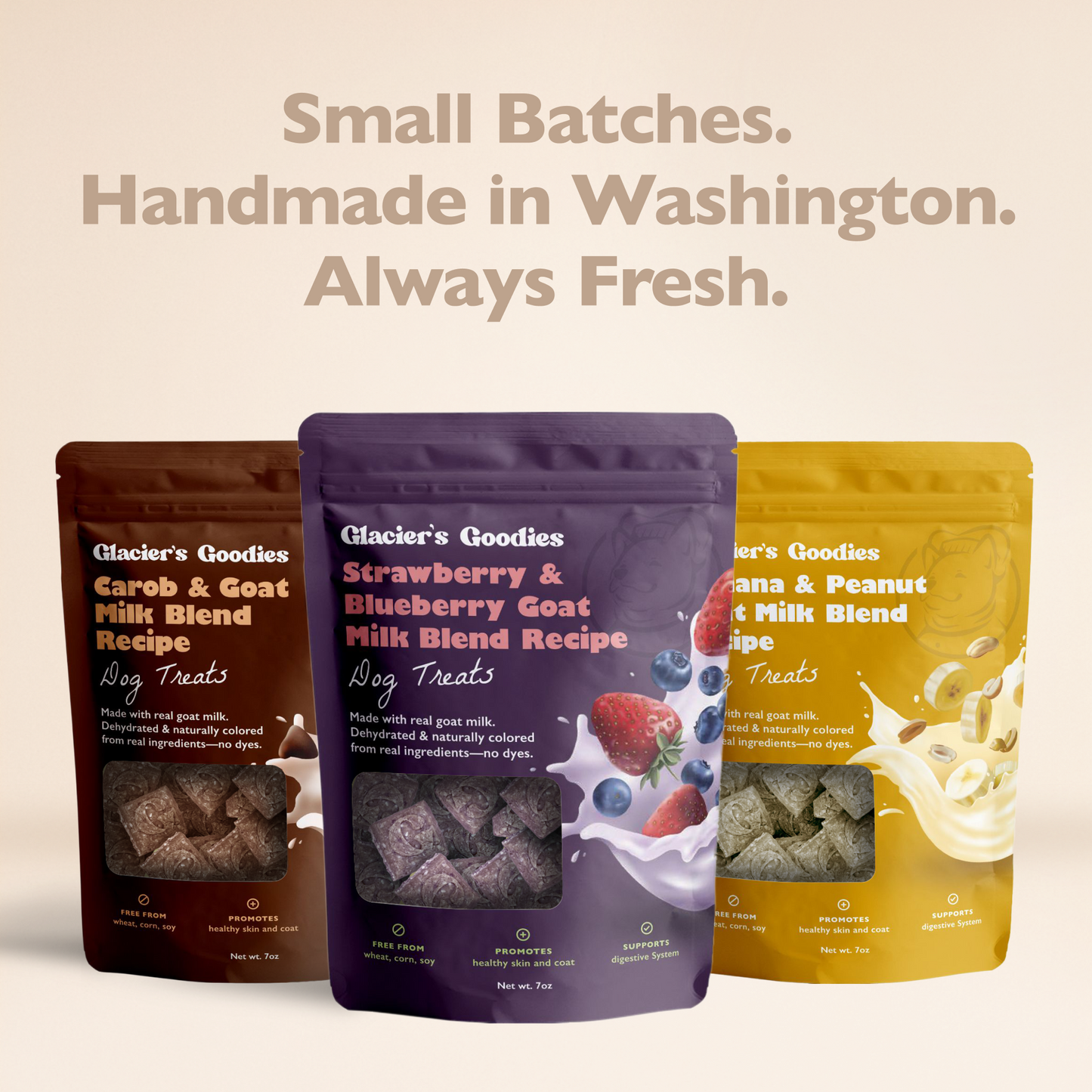Three bags of Glacier's Goodies dog treats with text about small batches and freshness on a beige background.
