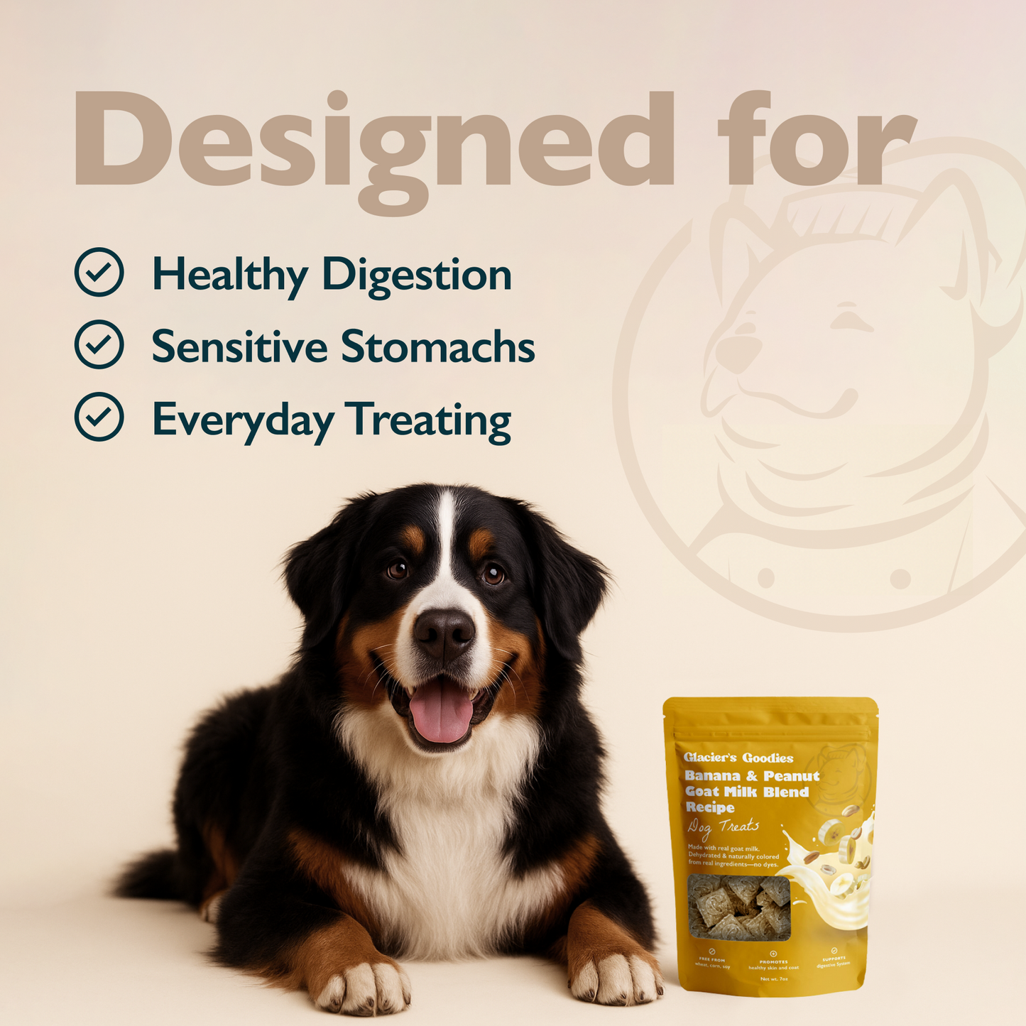 Dog sitting next to a bag of dog treats with text about product benefits on a beige background