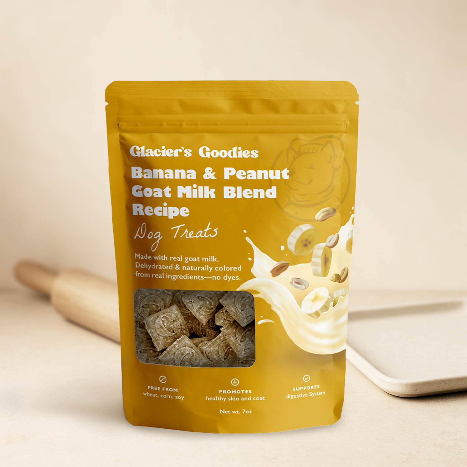 Packaging of Glacier's Goodies Banana & Peanut Goat Milk Blend Recipe dog treats on a beige background