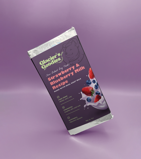 Front view of the wrapped Strawberry and Blueberry Goat Milk Dog Treat Bar