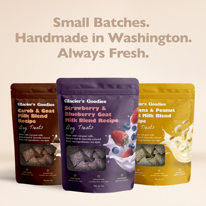 Three bags of Glacier's Goodies dog treats with text about small batches and freshness on a beige background.