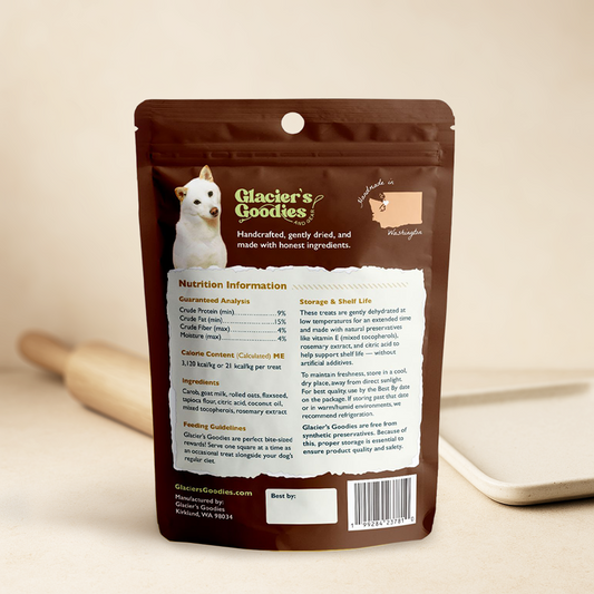 Dog food package with nutrition information on a beige background