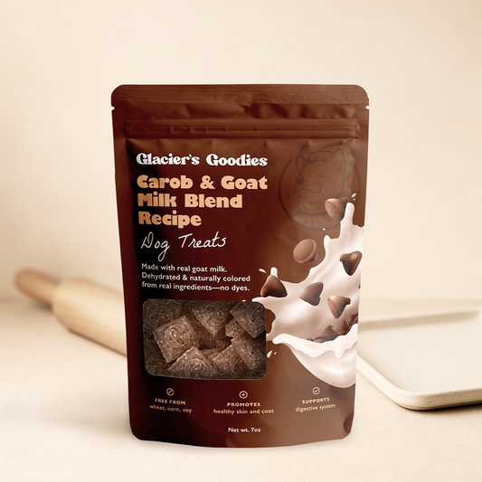 Glacier's Goodies Carob & Goat Milk Blend Recipe dog treats packaging on a beige background