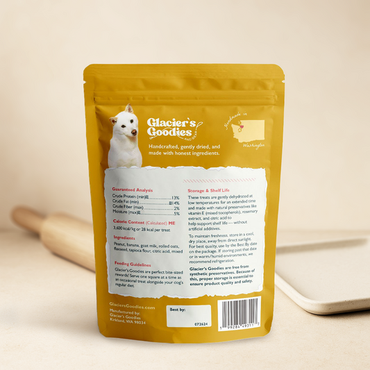 Yellow package of Glacier's Goodies dog treats with a white background